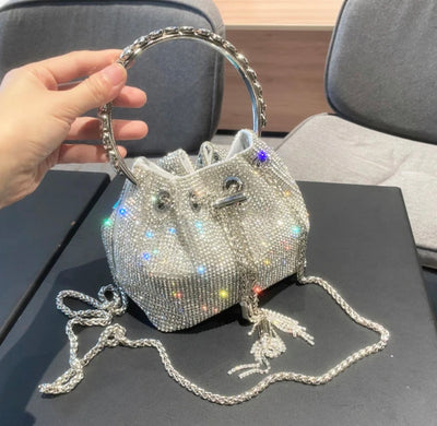 Bucket Handbag Luxury Crystal Rhinestones Shoulder Bag with Circular Bling Handle