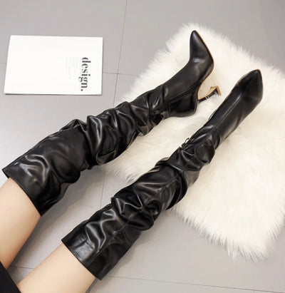 Winter boots Stiletto Pointed Toe Thigh Zipper Wine Glass Shape Heels