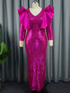 Evening Dress Sequins Couture Women Ruffle Trim Long Sleeve Luxury Glitter