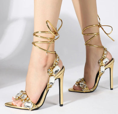 Ankle Strap Sandals Sexy Diamonds Heels Golden