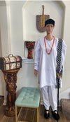 African Suit Gown Pants Suit White Polka Dots Chief and Queen