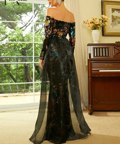 Dress Off Shoulder Drape Couture Floral Sequins Luxury