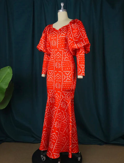 LuxRoyal Collection-Big Jue Maxi Long Dress Women Party Printed Mermaid Long Lantern Sleeve Dress