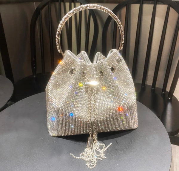 Bucket Handbag Luxury Crystal Rhinestones Shoulder Bag with Circular Bling Handle