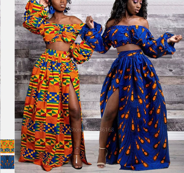 Skirt Suit Kaibeh African 2-Piece Lady Off Shoulder Dashiki Print Split Skirts