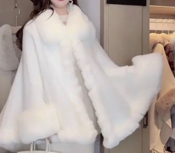 Fur Coat Cardigan Glam Chic Soft Faux Fur Cloak Coat Loose Batwing Cape