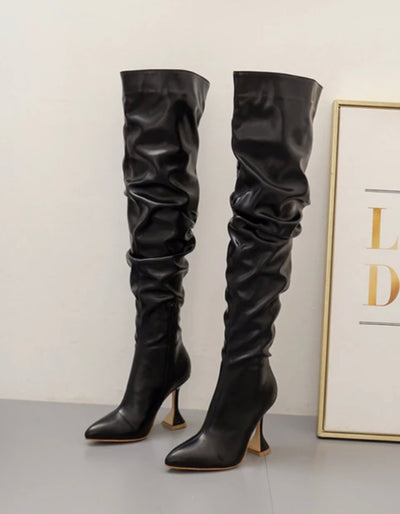 Winter boots Stiletto Pointed Toe Thigh Zipper Wine Glass Shape Heels