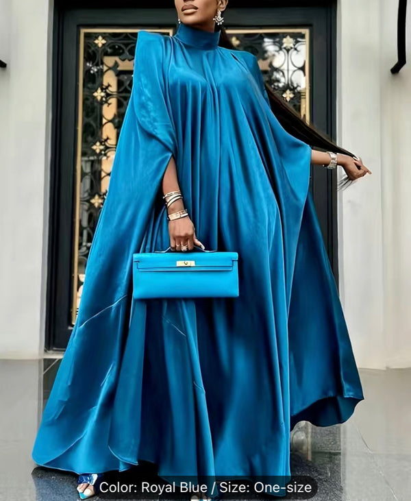 LuxRoyal-Fine Babe Elegant Abaya Maxi Kaftan One Size Satin Bat Sleeve Mock Neck Dress