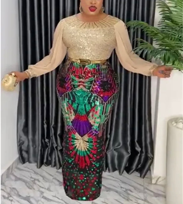 Evening Dress Empress Bazin African Women Multicolored Sequins Dress