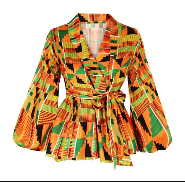 Lavish Comfort Collection-Kaibeh African Kente Lantern Sleeve V-neck Shirt - REDLightMart