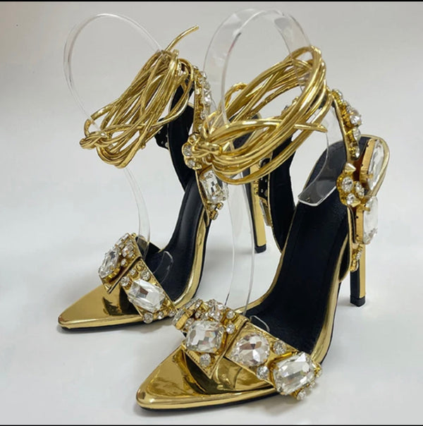 Ankle Strap Sandals Sexy Diamonds Heels Golden