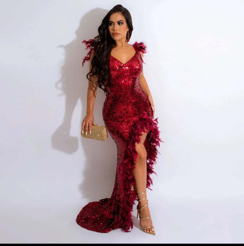 Red Sequin Feather Dress