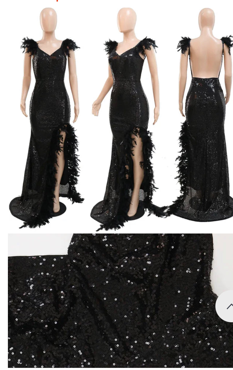 Black Sequin Feather Dress